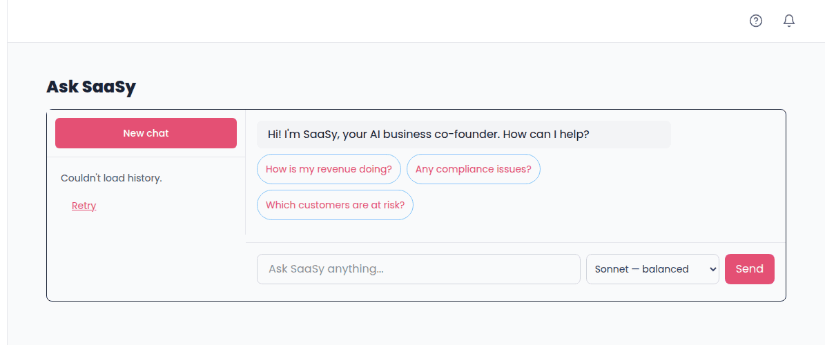 Ask SaaSy chat interface with quick-prompt buttons for common business questions