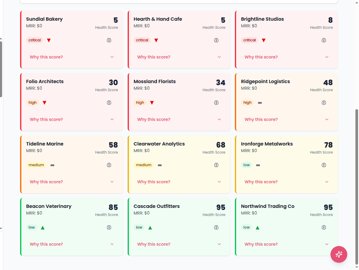 Full customer health grid with color-coded scores from critical red to healthy green