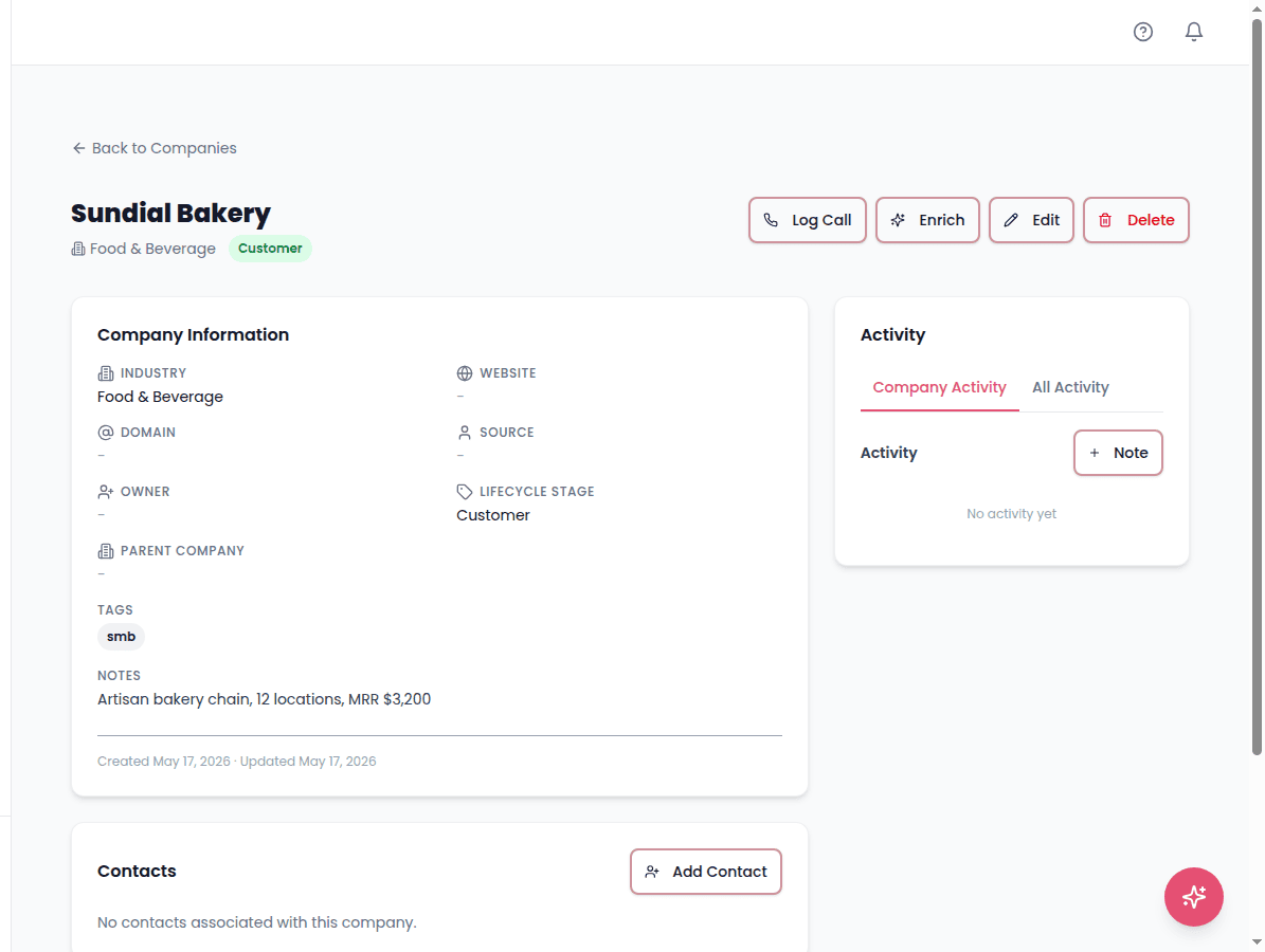 Customer detail page for Sundial Bakery with company info card and activity sidebar