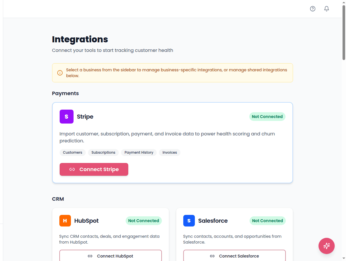 Integrations page showing Stripe, HubSpot, and Salesforce connector cards